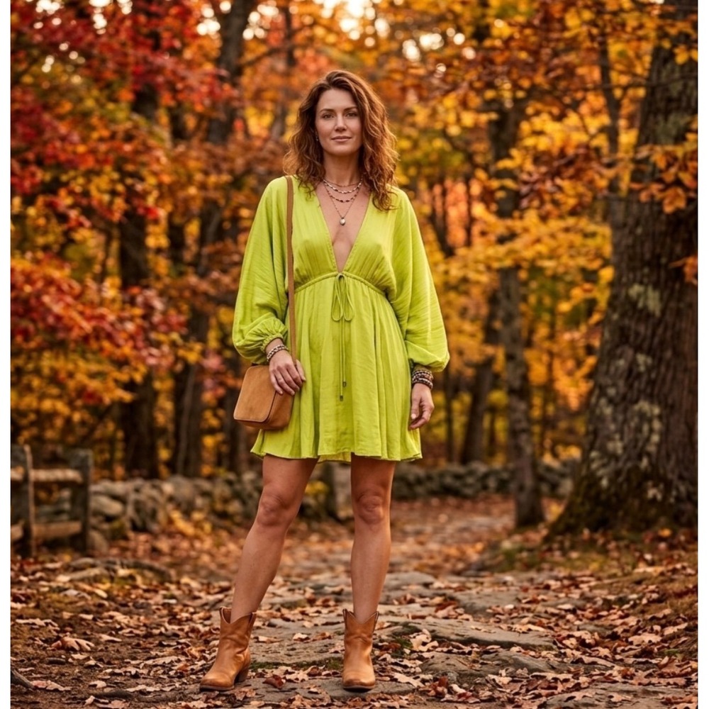 Free People Chartreuse Pleated Mini Dress Long Balloon Sleeve V-Neck Green Large